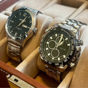 Armitron Navy Face Watch And Black Dual Time Tachymeter Watch - Set Of 2